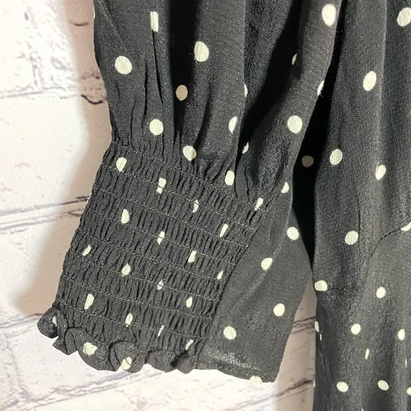 New H&M Black and White Polka Dot Puff Sleeve Crepe V Neck Dress Size L